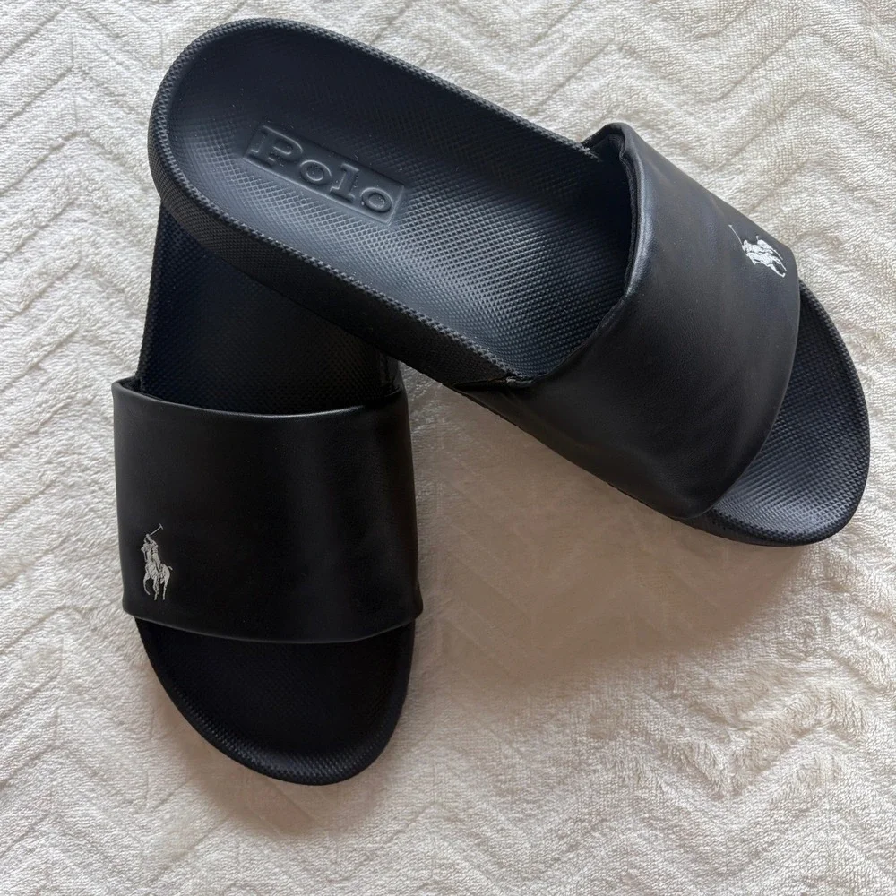 Polo Ralph Lauren Black Cayson Pony Logo Slide Sandals Mens 9 Good